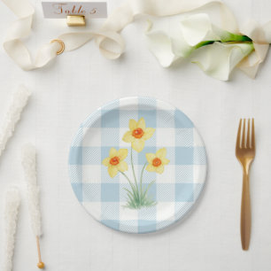 Narcissen Schildering Lente Blauwe Gingham Kust Papieren Bordje
