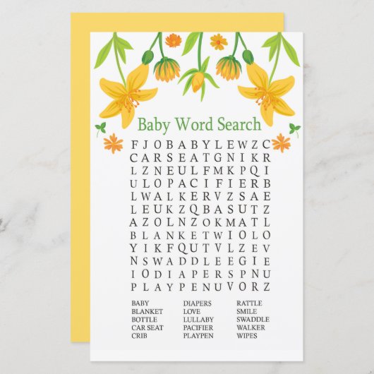 Narcissus Baby shower Word Search Game (Voorkant / Achterkant)
