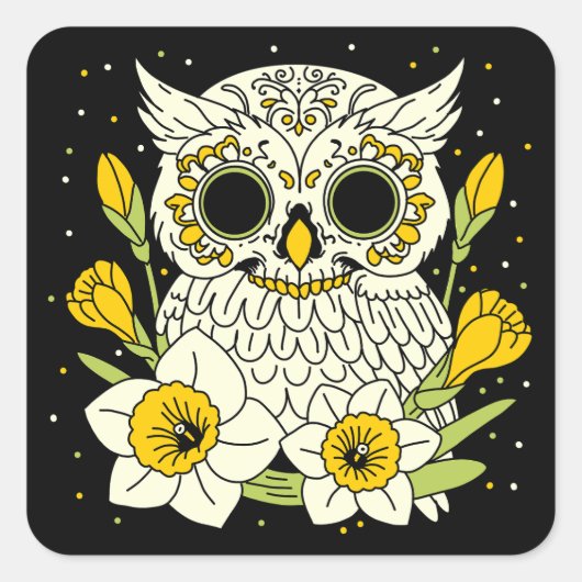 Narcissus en uil schedel vierkante sticker (Voorkant)