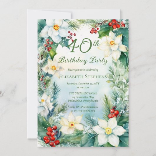 Narcissus | Holly Floral 40th Birthday Party  Kaart (Voorkant)