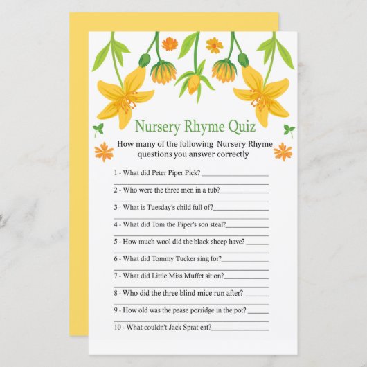 Narcissus Nursery Rhyme Quiz baby shower game (Voorkant / Achterkant)