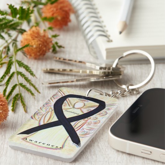 Narcolepsy Angel Black Awareness Ribbon Sleutelhan Sleutelhanger (Voorkant Rechts)