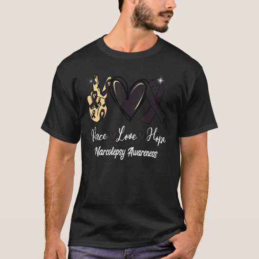 Narcolepsy Awareness Peace Love Hope Black Ribbon T-shirt (Voorkant)