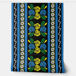 Narrowboat Blue Folk Art Roses and Daisies Behang