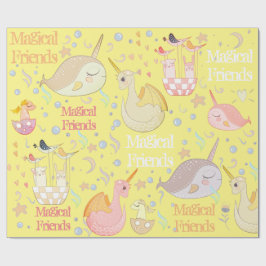 Narwal en Draken Vrienden Geel Gepersonaliseerd Cadeaupapier