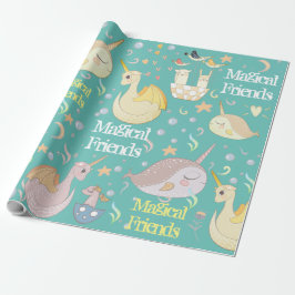 Narwal en Draken Vrienden Teal Persoonlijk Cadeaupapier