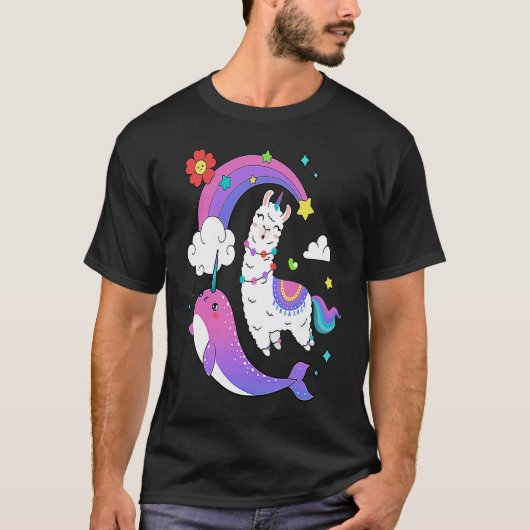 Narwal En Lama Regenboog Dier T-shirt (Voorkant)