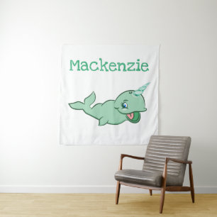 Narwal Groen Schattige Mint Chibi Cartoon Aangep Wandkleed