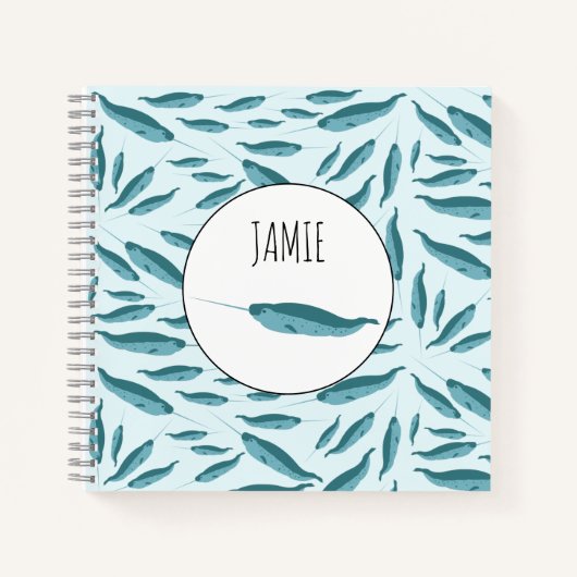 Narwal in Blauwe Ocea Patrón Notitieboek (Voorkant)