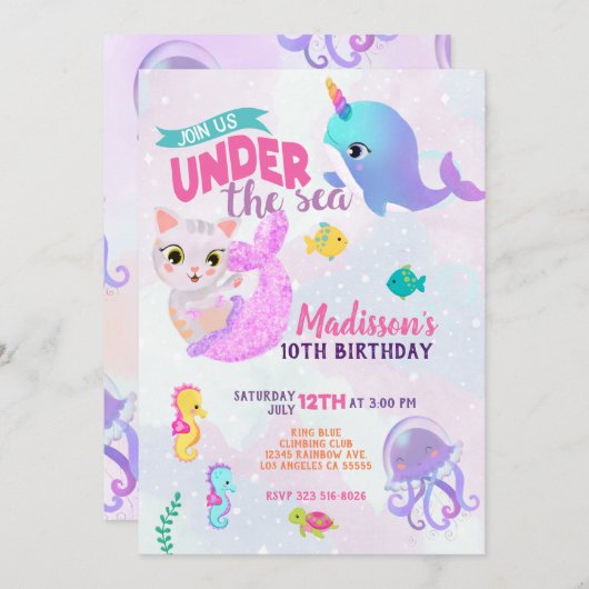 Narwal Kat Meermin Purrmaids Verjaardagsuitnodigin Kaart (Voorkant / Achterkant)