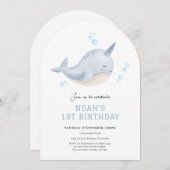 Narwal Onder het zee eerste verjaardag uitnodiging (Voorkant / Achterkant)