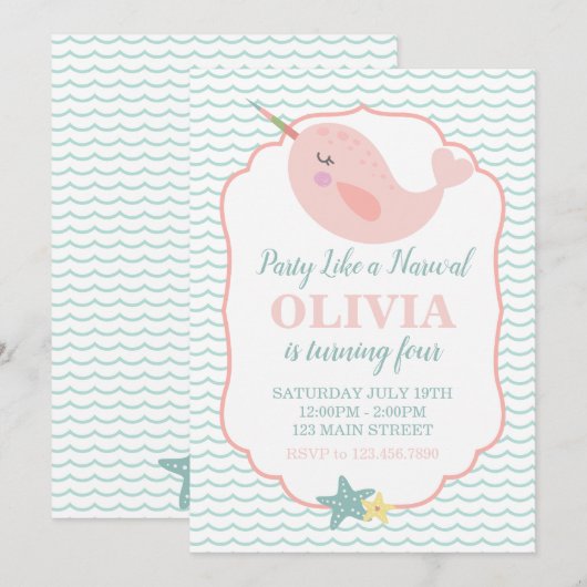 Narwal Pastel Roze verjaardag Kaart (Voorkant / Achterkant)