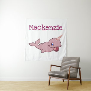Narwal Roze   Meisjesachtige Kawaii Chibi Cartoon  Wandkleed