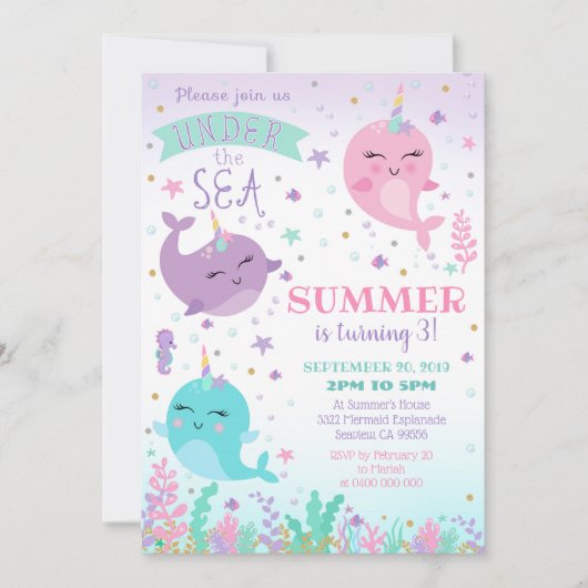 Narwal uitnodigingsmeisje onder de zee kaart (Voorkant)