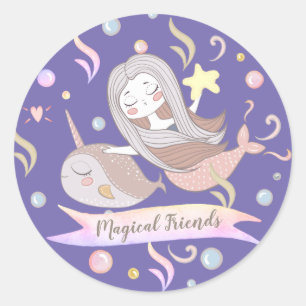 Narwal Zeemeermin Zeester Fantasie Paars Ronde Sticker