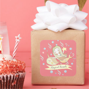 Narwal, Zeemeermin, Zeester Whimsical Roze Fantasi Vierkante Sticker