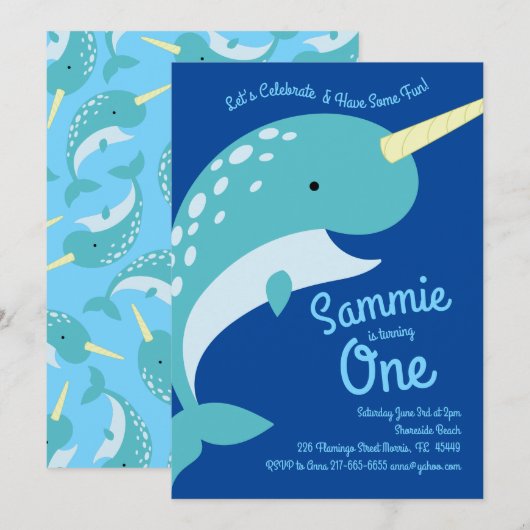 Narwalen Oceaan 1e verjaardagsuitnodigingen Kaart (Voorkant / Achterkant)