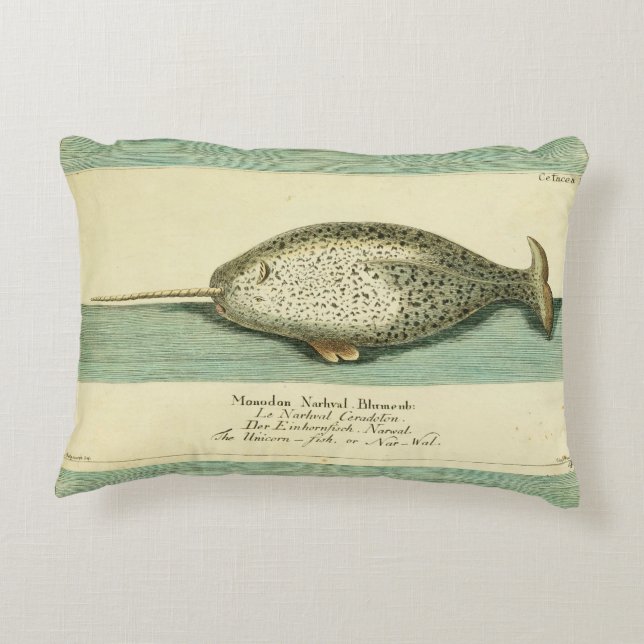 Narwhal Antiek walvis Waterverf Scientific Art Accent Kussen (Achterkant)