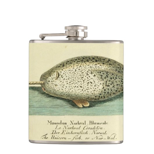 Narwhal Antiek walvis Waterverf Scientific Art Heupfles (Voorkant)