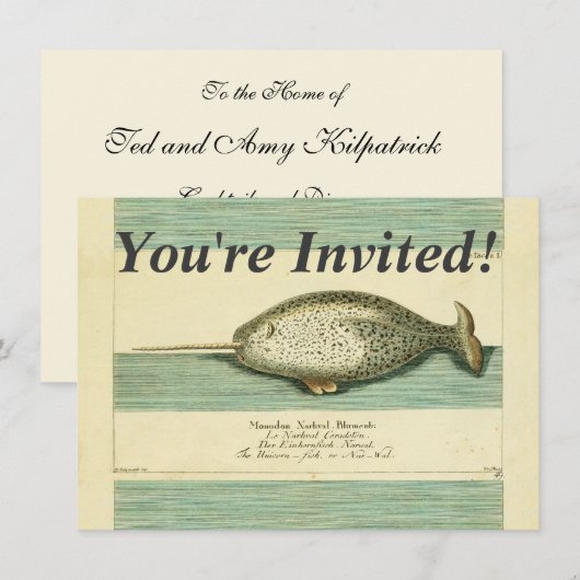 Narwhal Antiek walvis Waterverf Scientific Art Kaart (Voorkant / Achterkant)