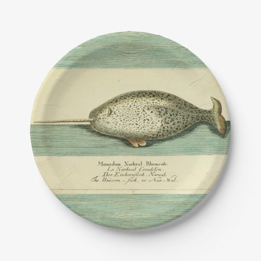Narwhal Antiek walvis Waterverf Scientific Art Papieren Bordje (Voorkant)