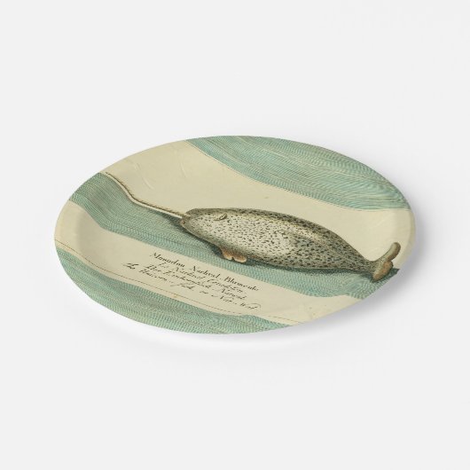Narwhal Antiek walvis Waterverf Scientific Art Papieren Bordje (Gekanteld)