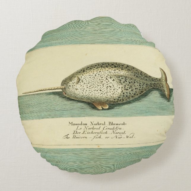 Narwhal Antiek walvis Waterverf Scientific Art Rond Kussen (Achterkant)