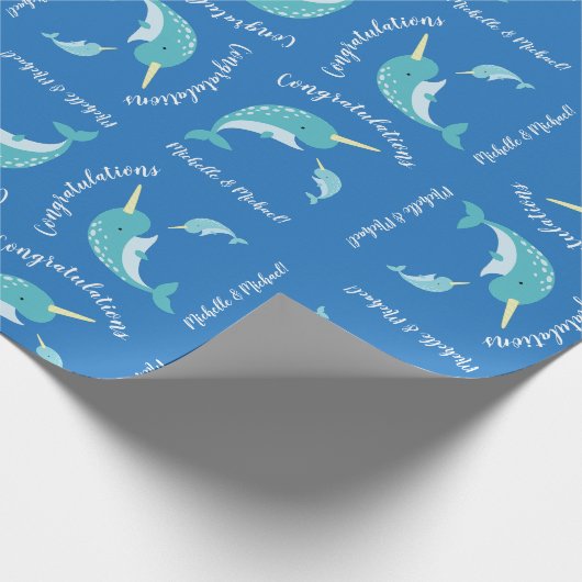 Narwhal Baby shower Blue Boy Whale Cadeaupapier (Hoek)