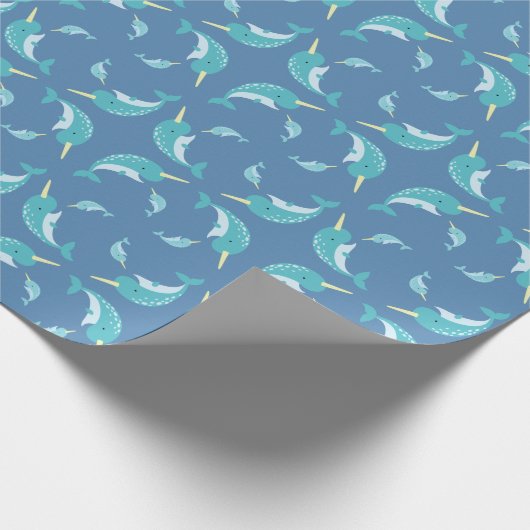 Narwhal Baby shower Blue Boy Whale Cadeaupapier (Hoek)