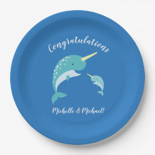 Narwhal Baby shower Blue Boy Whale Papieren Bordje
