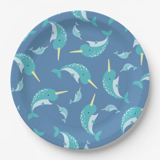 Narwhal Baby shower Blue Boy Whale Papieren Bordje (Voorkant)