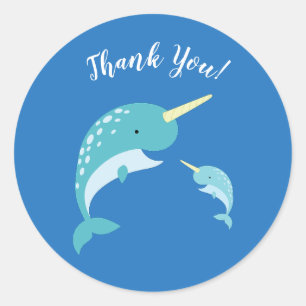 Narwhal Baby shower Blue Boy Whale Ronde Sticker