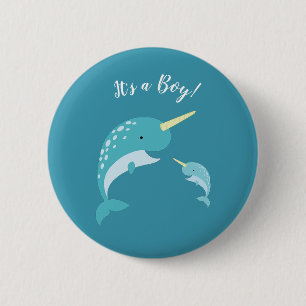 Narwhal Baby shower Geel Geslacht Neutrale Whale Ronde Button 5,7 Cm
