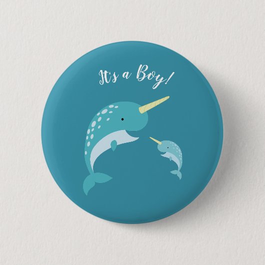 Narwhal Baby shower Geel Geslacht Neutrale Whale Ronde Button 5,7 Cm (Voorkant)