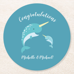 Narwhal Baby shower Geel Geslacht Neutrale Whale Ronde Kartonnen Onderzetter