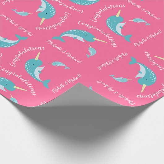 Narwhal Baby shower Pink Girl Cadeaupapier (Hoek)