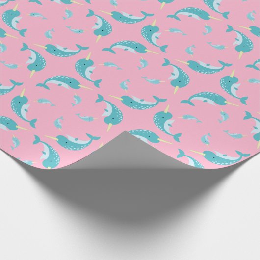 Narwhal Baby shower Roze Girl Whale Cadeaupapier (Hoek)