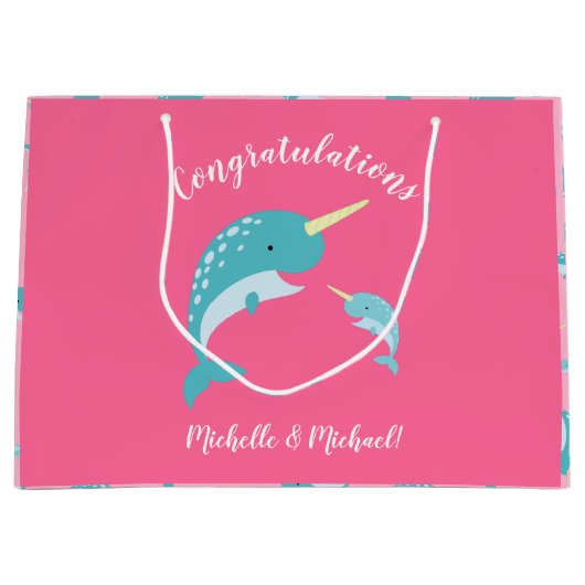 Narwhal Baby shower Roze Girl Whale Groot Cadeauzakje (Voorkant)
