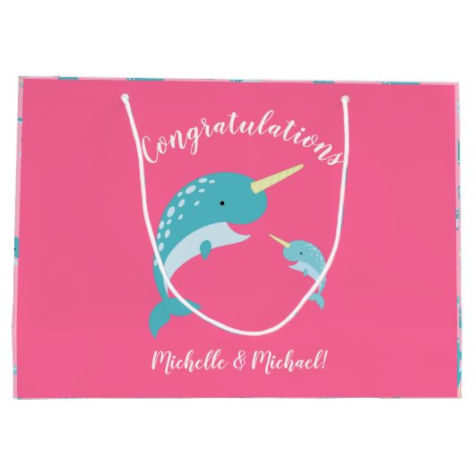 Narwhal Baby shower Roze Girl Whale Groot Cadeauzakje (Achterkant)