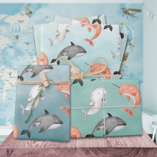 Narwhal Beluga walvissen onder het diepblauw Zee Inpakpapier Vel