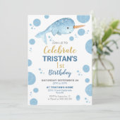 Narwhal Birthday Invitation Boy 1st Birthday Kaart (Staand voorkant)