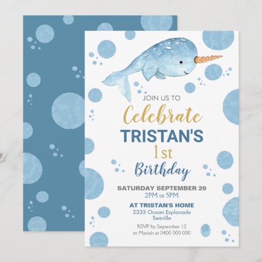 Narwhal Birthday Invitation Boy 1st Birthday Kaart (Voorkant / Achterkant)