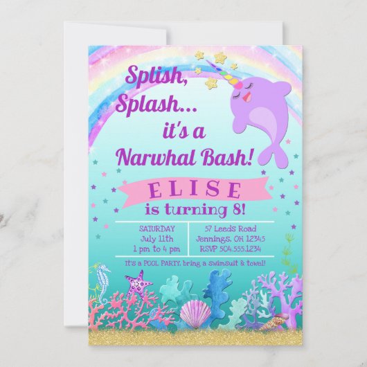 Narwhal Birthday Invitation, Narwhal Pool Party Kaart (Voorkant)