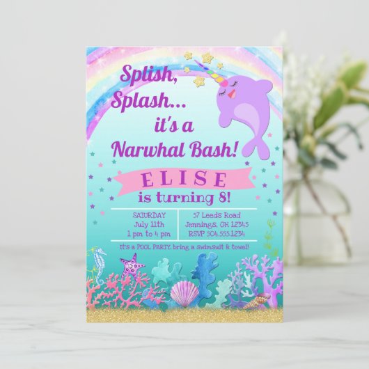 Narwhal Birthday Invitation, Narwhal Pool Party Kaart (Staand voorkant)