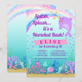 Narwhal Birthday Invitation, Narwhal Pool Party Kaart (Voorkant / Achterkant)