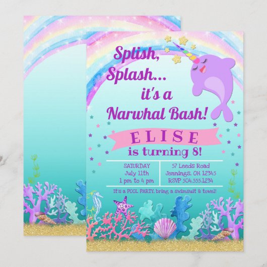 Narwhal Birthday Invitation, Narwhal Pool Party Kaart (Voorkant / Achterkant)