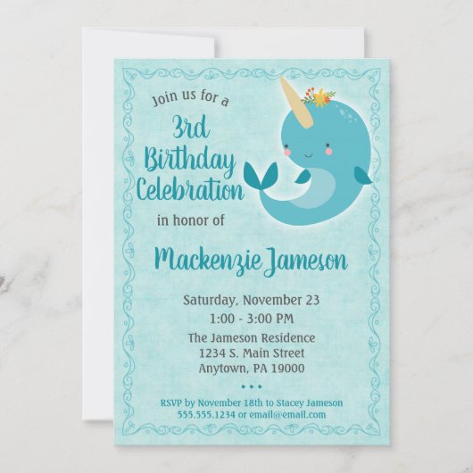 Narwhal Birthday Invitation Unicorn Whale Kaart (Voorkant)