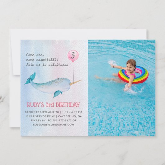 Narwhal Birthday Party Invitation (Voorkant)
