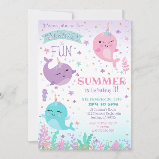 Narwhal Birthday Uitnodiging (Voorkant)