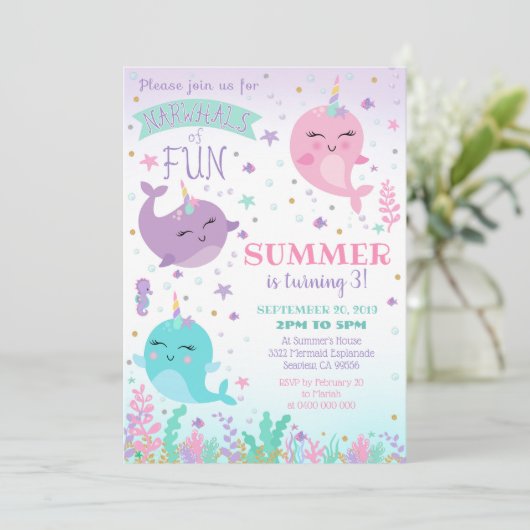 Narwhal Birthday Uitnodiging (Staand voorkant)